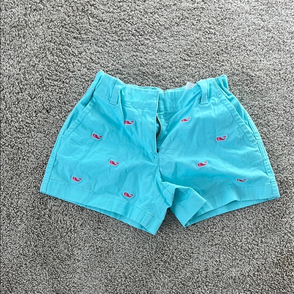 Vineyard Vines Turquoise Shorts with Pink Whale Embroidery